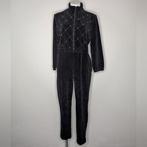 Vintage Saks Fifth Folio Collection Black Velvet Pearl Accent Zip Up Jumpsuit M